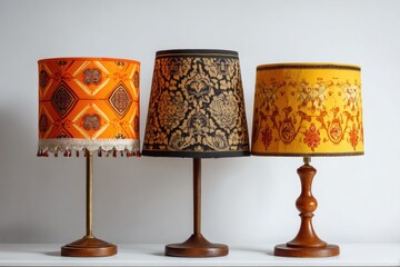 Three vintage table lamps with diverse patterned shades; orange geometric, black damask, and mustard floral, displayed on a white shelf