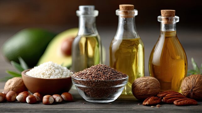 Bright avocados accompanied by rich oils, flax seeds, and various nuts create an inviting and vibrant display on wooden textures
