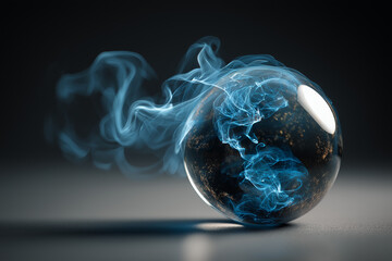 Glass globe emitting subtle smoke turning into wind icons, fusion of impact and solution.