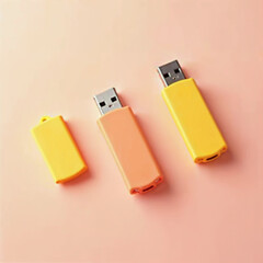Three colorful usb flash drives on pink background