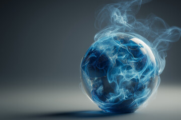 Glass globe emitting subtle smoke turning into wind icons, fusion of impact and solution.