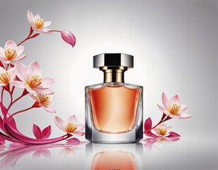  perfume bottle with amber orange liquid in beveled glass and metallic silver gold cap surrounded by delicate pink and white cherry blossom flowers on reflective light gray surface with soft diffused 