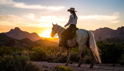 Cowgirl horseback riding sunset desert.