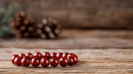 Naklejka premium A beautifully crafted red jasper bracelet rests on a textured wooden background, showcasing its shining round beads that symbolize protection and grounding.