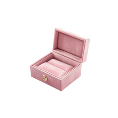 Pink velvet opened gift jewelry box isolated on a transparent background, in a PNG format
