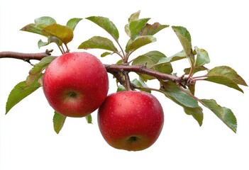 Obraz premium Two ripe red apples hang from a branch with vibrant green leaves against a white background