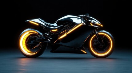 Showcasing a futuristic black motorcycle illuminated with neon orange accents, this image embodies speed and innovation, set against a dramatic dark background for impact.