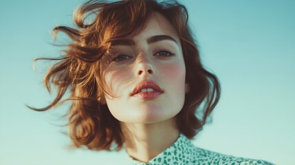 A captivating portrait of a young woman with flowing hair against a blue sky, radiating confidence and beauty, embodying the essence of modern femininity.