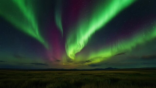 A stunning sight of the Northern Lights, brightly lit with strong lime green and magenta hues, illuminating the flat horizon and distant mountains.
