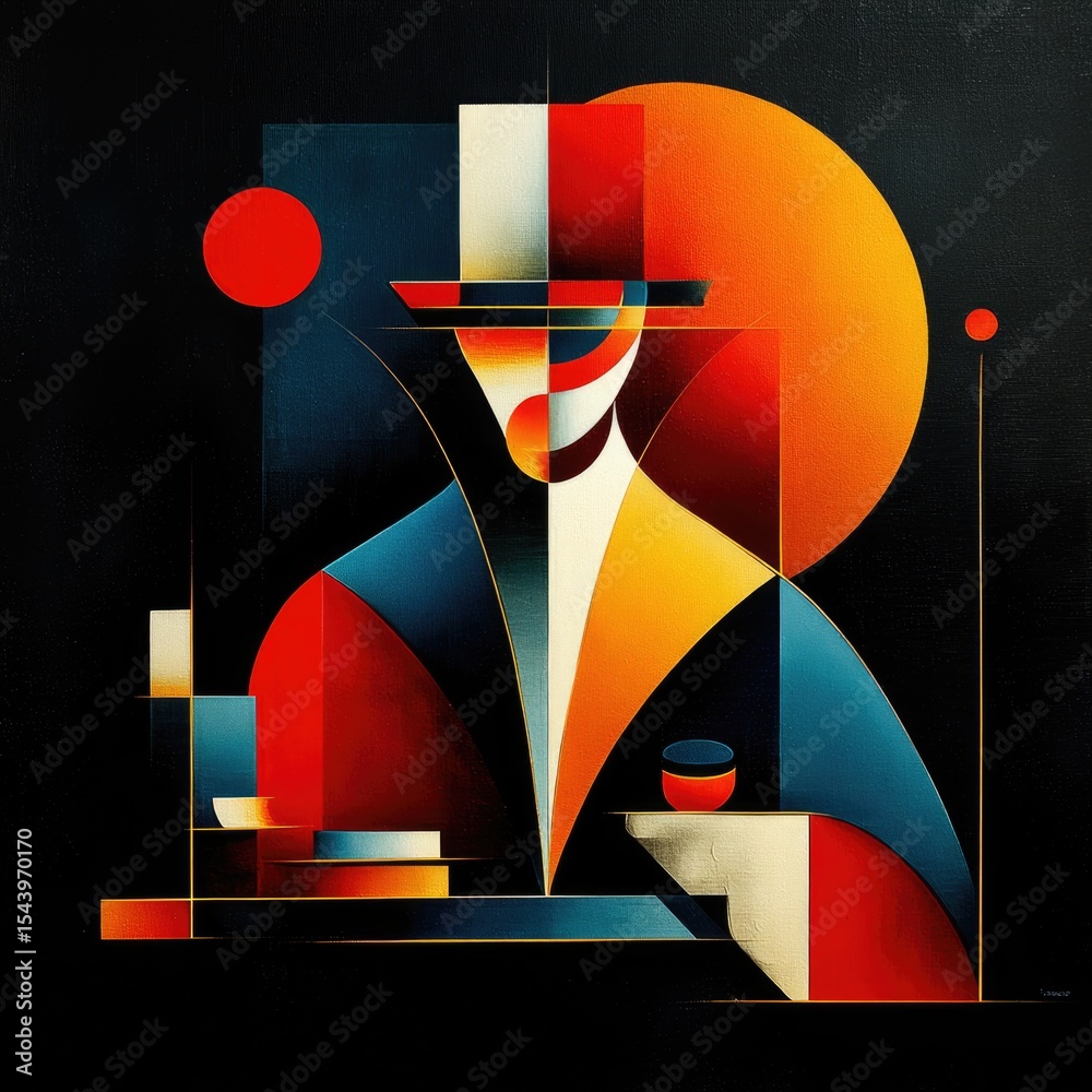 Poster abstract geometric portrait of a man in a hat, featuring bold colors and shapes. the background incl