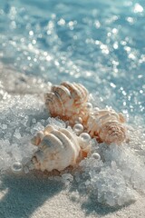 Two seashells nestled in glistening sea salt on a sun-drenched beach, with pearls and ocean waves in the background