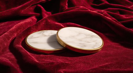 Two round marble coasters with gold rims rest on rich crimson velvet fabric, creating a luxurious contrast