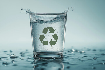 Glass filled with slightly tinted water and recycling symbol floating above, metaphor for reuse.