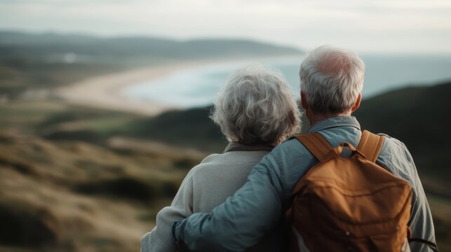 An affectionate elderly couple gazes over a stunning coastal view, symbolizing love, companionship, and the beauty of shared moments amidst nature's tranquility.
