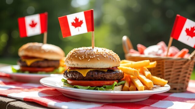 Canada Day BBQ Celebration with Grilled Burgers, Flags, and Outdoor Party Fun
 - Powered by Adobe