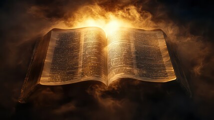 A sacred text open to Psalm verse, highlighted by a column of light breaking through smoky darkness