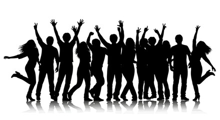 Silhouette of a group of people dancing and celebrating, joyful expressions