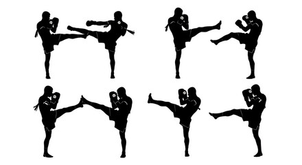 Silhouetted Muay Thai Fighter Kicking, Boxing Gloves, Training, Sport Concept.