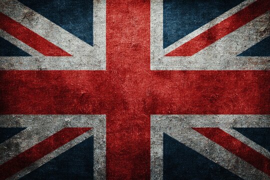 Distressed Union Jack flag with red white and blue colors and a textured surface