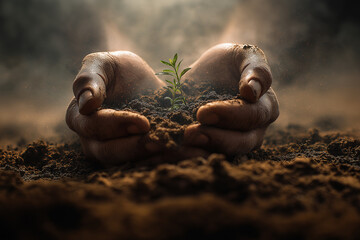 Hands protecting sprouts growing in polluted soil, hopeful lighting and soft fog in the background.