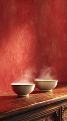 Two steaming bowls sit on a dark wood surface against a textured red wall.  The scene is warm and inviting, suggesting comfort and perhaps a meal
