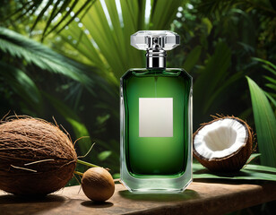 contemporary classic perfume bottle with amber orange liquid in geometric glass and metallic cap surrounded by detailed cherry blossom petals and stamens in soft pink white tones on reflective 