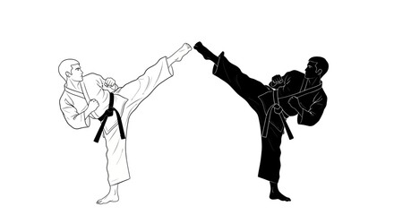 Karate Kick Illustration: Two Figures in White and Black Uniforms