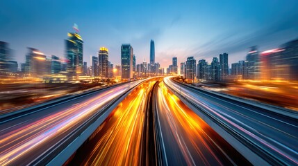 Fototapeta premium A vibrant city skyline at dusk with illuminated skyscrapers. Traffic flows on a busy highway, creating light trails. The scene captures urban life and movement.