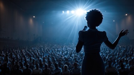 A woman with curly hair stands on stage, speaking into a microphone. A large audience is visible in the background, illuminated by stage lights.