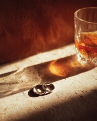 Two wedding bands rest on a sunlit surface next to a glass of amber liquid, casting shadows on a textured background