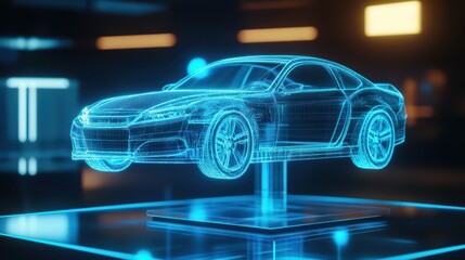 Fototapeta premium A translucent holographic car model floating above a sleek display pedestal, its polygonal panels shifting with glowing blue edges