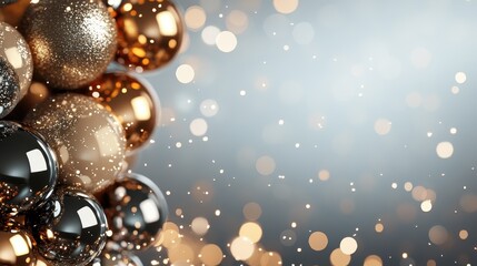 This stunning image features shimmering golden and silver ornaments beautifully arranged against a soft background, evoking a sense of elegance and holiday cheer.