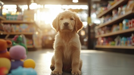 A heartwarming image of an adorable golden retriever puppy sitting amidst colorful toys in a pet store, encapsulating joy and innocence in a playful environment.