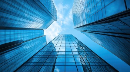 Modern skyscrapers reflecting a clear blue sky