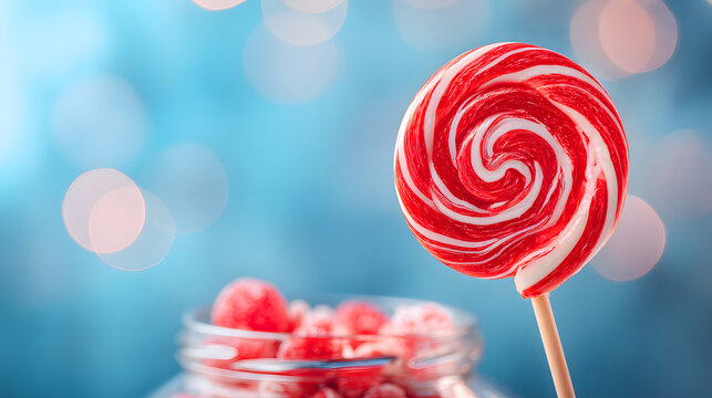 Delicious red and white swirl lollipop with blurred jar and bokeh background on blue - Powered by Adobe