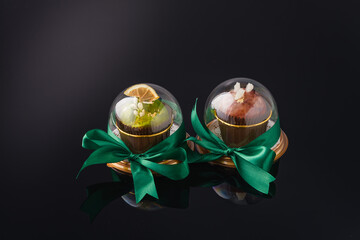 fruit berry tea in transparent balls and heart.