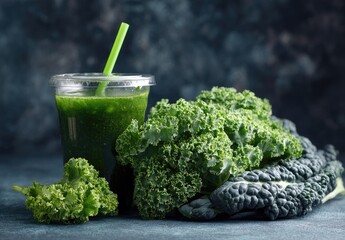 Vibrant green kale smoothie in a clear plastic cup with a green straw, alongside fresh bunches of curly and dinosaur kale on a dark textured surface