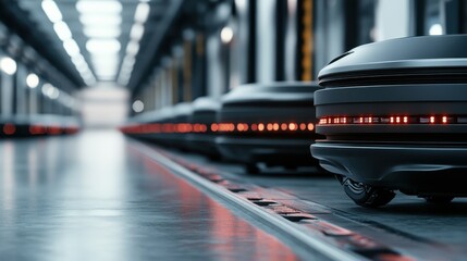 This image showcases a series of sleek, autonomous delivery robots in a futuristic warehouse setting, emphasizing technology's evolution in logistics and automation.