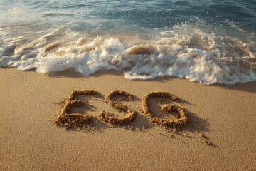 Minimalist image of ESG written in sand, with ocean waves approaching in background, symbolic of global shift.