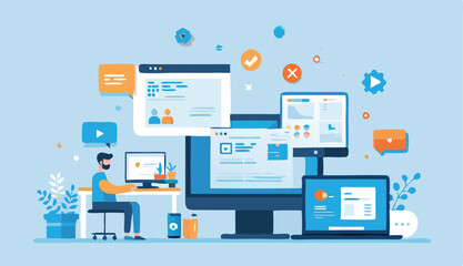 Teamwork and Cybersecurity Vector Illustration – Collaborative Workflow with Gears, Secure Data Protection, Cloud Computing, and Digital Privacy Icons for Business Technology and IT Solutions.