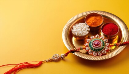 Indian Festival Raksha Bandhan Puja Thali and Rakhi on Yellow Background