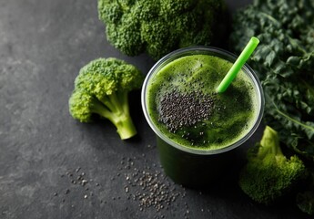 Vibrant green smoothie in a clear plastic cup, garnished with chia seeds, surrounded by fresh broccoli and kale florets on a dark surface