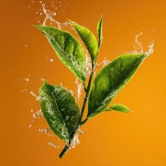 Vibrant green tea leaves, glistening with water droplets, suspended against a warm orange backdrop, captured in dynamic motion