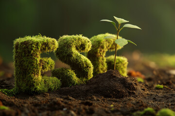 Moss-covered ESG text lying on rich dark soil, with small sapling growing through the G, soft light and shallow depth of field.