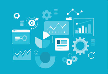 Teamwork and Cybersecurity Vector Illustration – Collaborative Workflow with Gears, Secure Data Protection, Cloud Computing, and Digital Privacy Icons for Business Technology and IT Solutions.