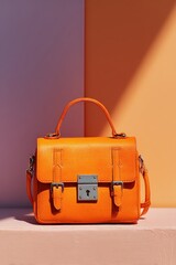 Vibrant orange leather satchel handbag with metal buckles and clasp, photographed against a muted pink and orange backdrop