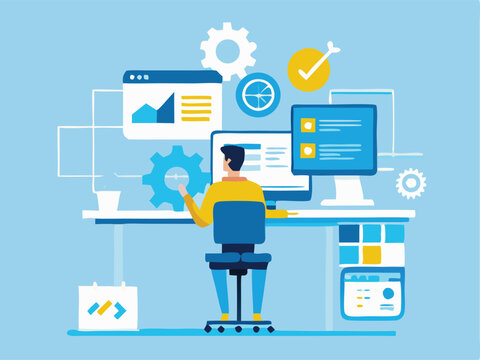 Teamwork and Cybersecurity Vector Illustration – Collaborative Workflow with Gears, Secure Data Protection, Cloud Computing, and Digital Privacy Icons for Business Technology and IT Solutions.