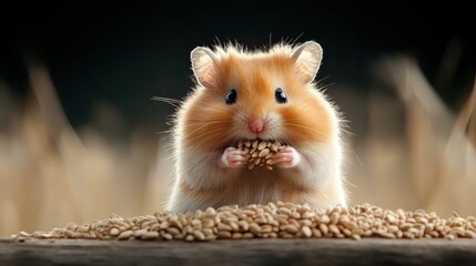 A cute hamster munches on seeds amid golden stalks of grass, capturing the essence of nature's bounty and the playful moments of small creatures.
