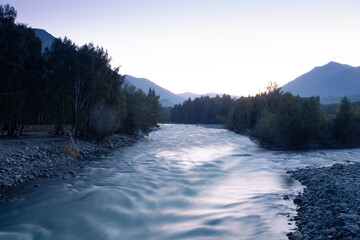 Forest, blues, dusk, morning, stream, river, rocks, background