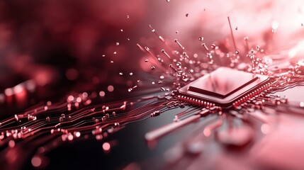 A dynamic and abstract representation of technology, featuring a chip immersed in liquid, symbolizing innovation, progress, and the intricacies of the digital age.